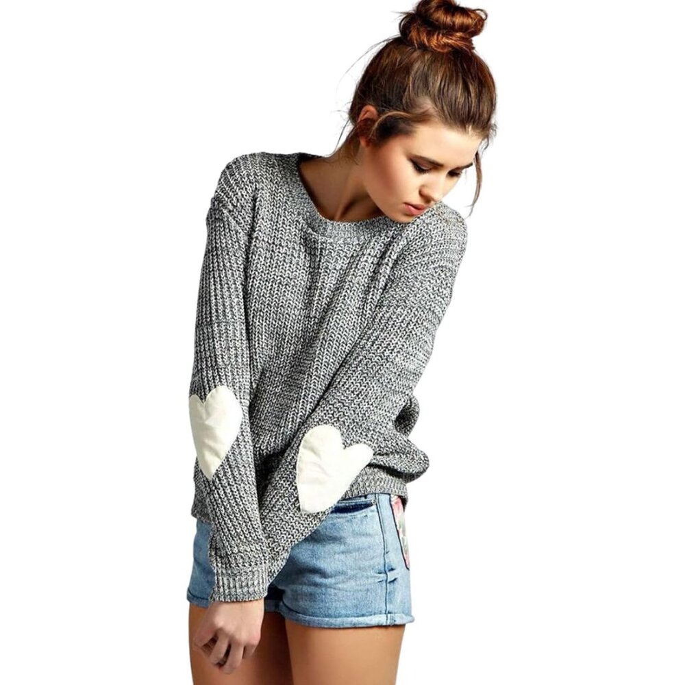 Women's Cute Heart Pattern Elbow Patchwork Knitte… - image 1